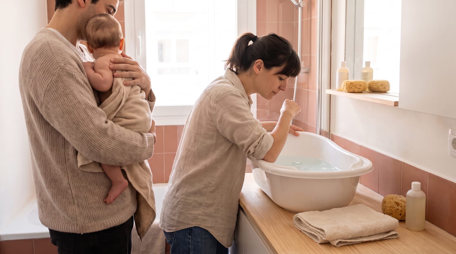 Dos personas adultas preparan el baño: una sostiene al bebé seco y la otra comprueba con el codo el agua ya mezclada.