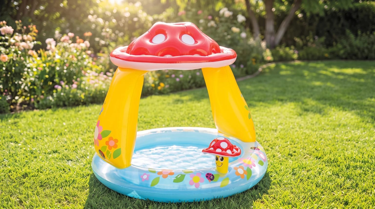 Piscina hinchable para bebé con parasol en forma de seta, colocada sobre el césped en un jardín soleado.