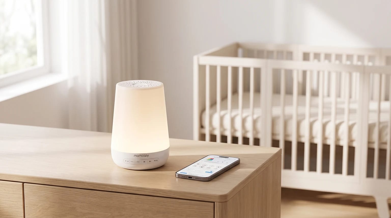 Una máquina de ruido blanco con luz cálida encendida sobre una cómoda de madera en la habitación de un bebé, junto a un móvil que muestra la aplicación de control.