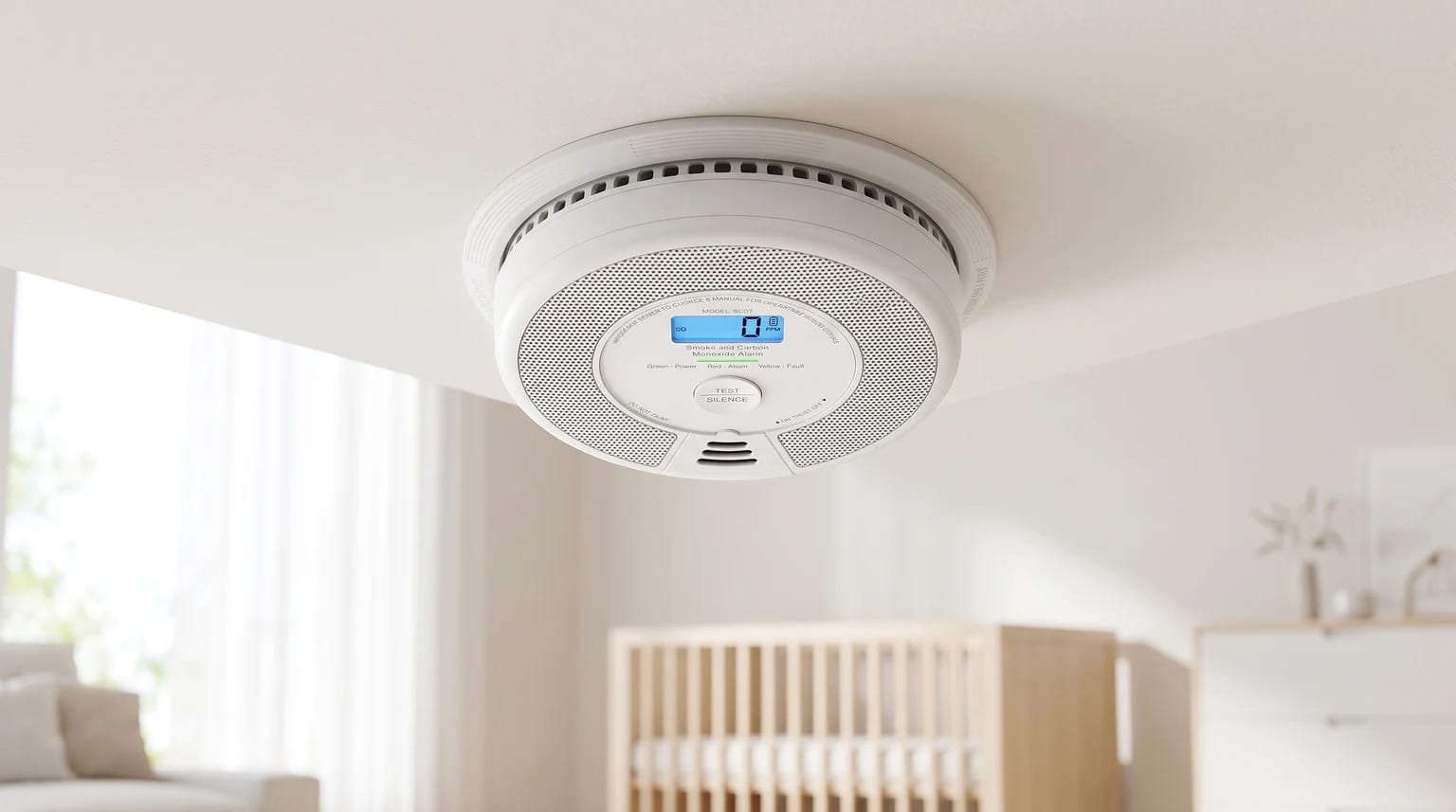 Un detector de humo y monóxido de carbono con pantalla digital instalado en el techo de una habitación infantil.
