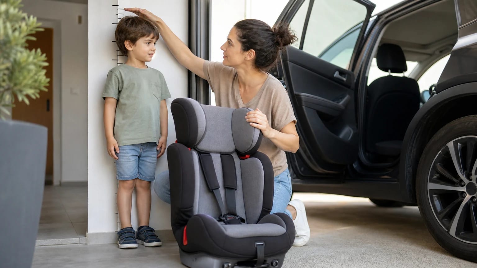 Madre midiendo la estatura de un niño junto a una silla de coche infantil