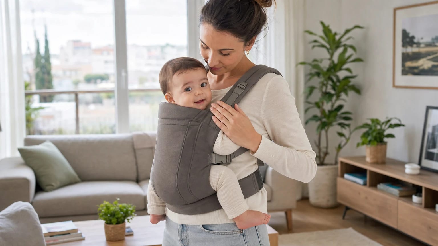 Cuidador con un bebé en portabebés bien colocado, con la cara visible y el cuerpo sujeto