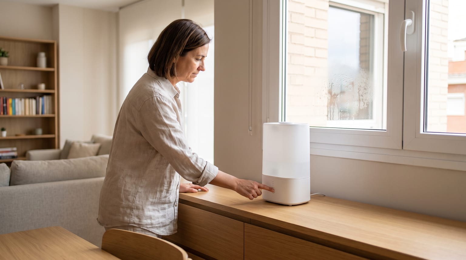 Persona apagando un humidificador después de observar condensación en una ventana