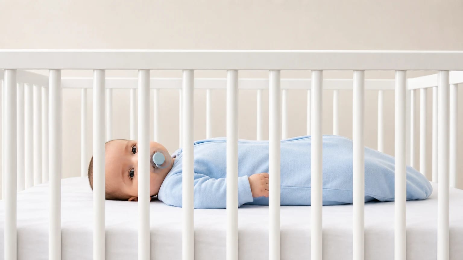 Bebé tumbado boca arriba con saco de dormir azul en una cuna con barrotes.