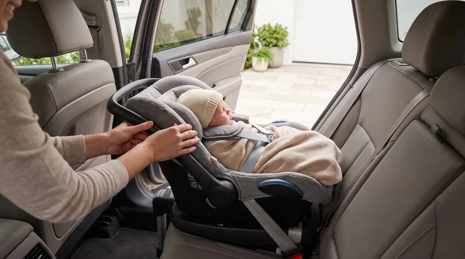 Un adulto ajusta un portabebés a contramarcha con un bebé en el asiento trasero de un coche aparcado.
