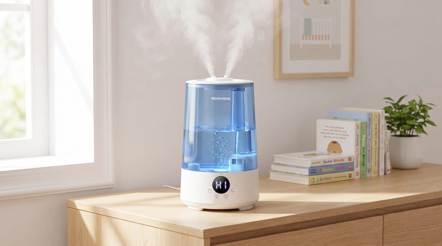 Un humidificador de vapor frío funcionando sobre una cómoda de madera en una habitación infantil, junto a una pila de libros y una planta.