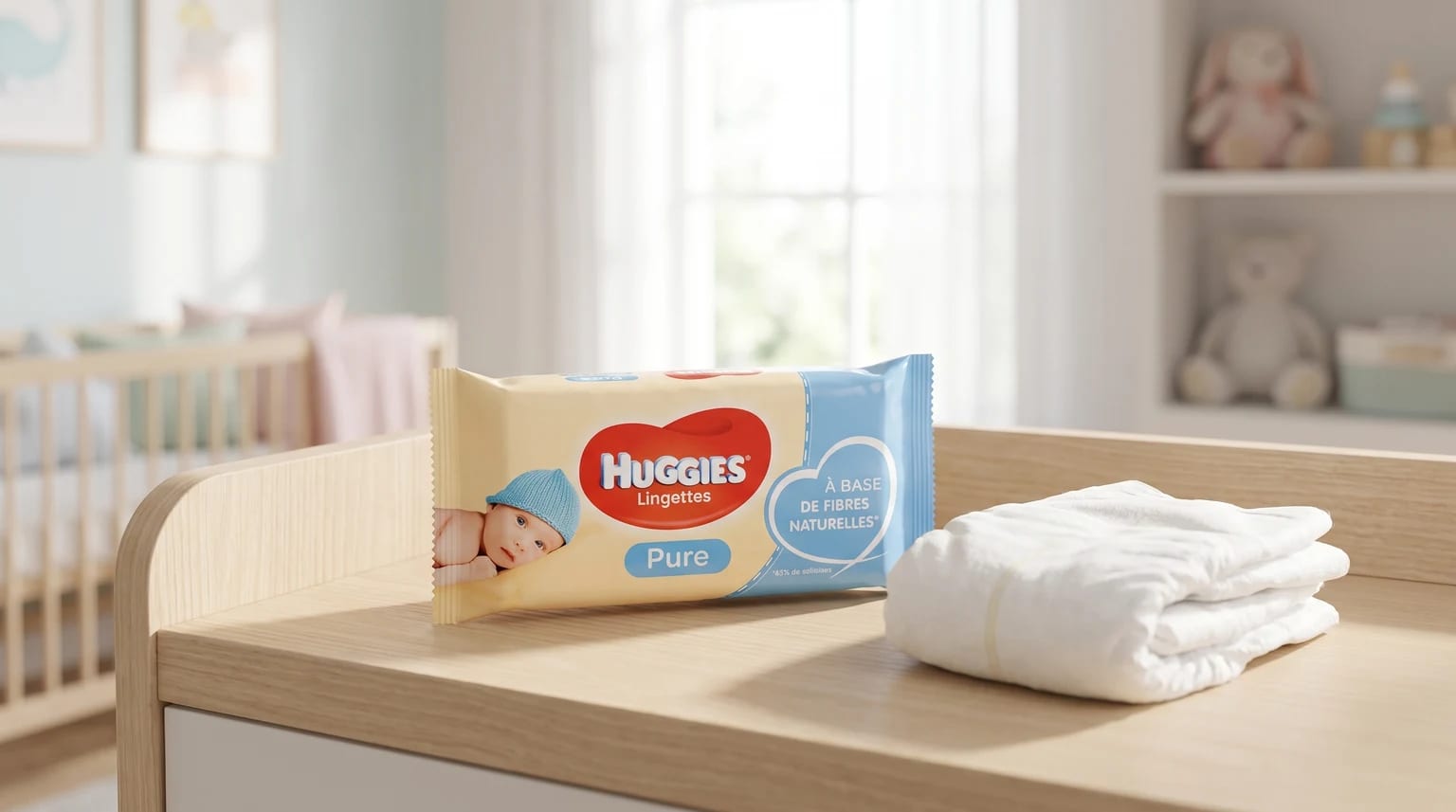 Un paquete de toallitas para bebé Huggies Pure junto a un pañal limpio sobre un cambiador de madera.