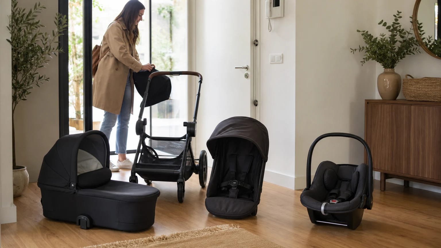 Capazo, silla de paseo y portabebés grupo 0/0+ junto a un carrito de bebé modular.
