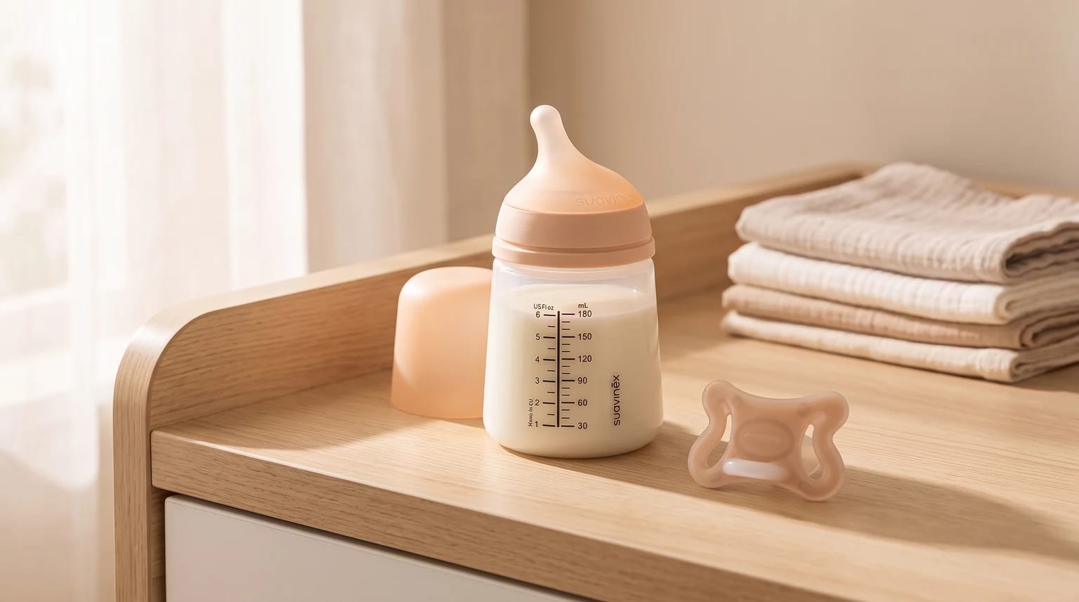 Un biberón Suavinex lleno de leche sobre un cambiador de madera, junto a un chupete a juego y una pila de muselinas.