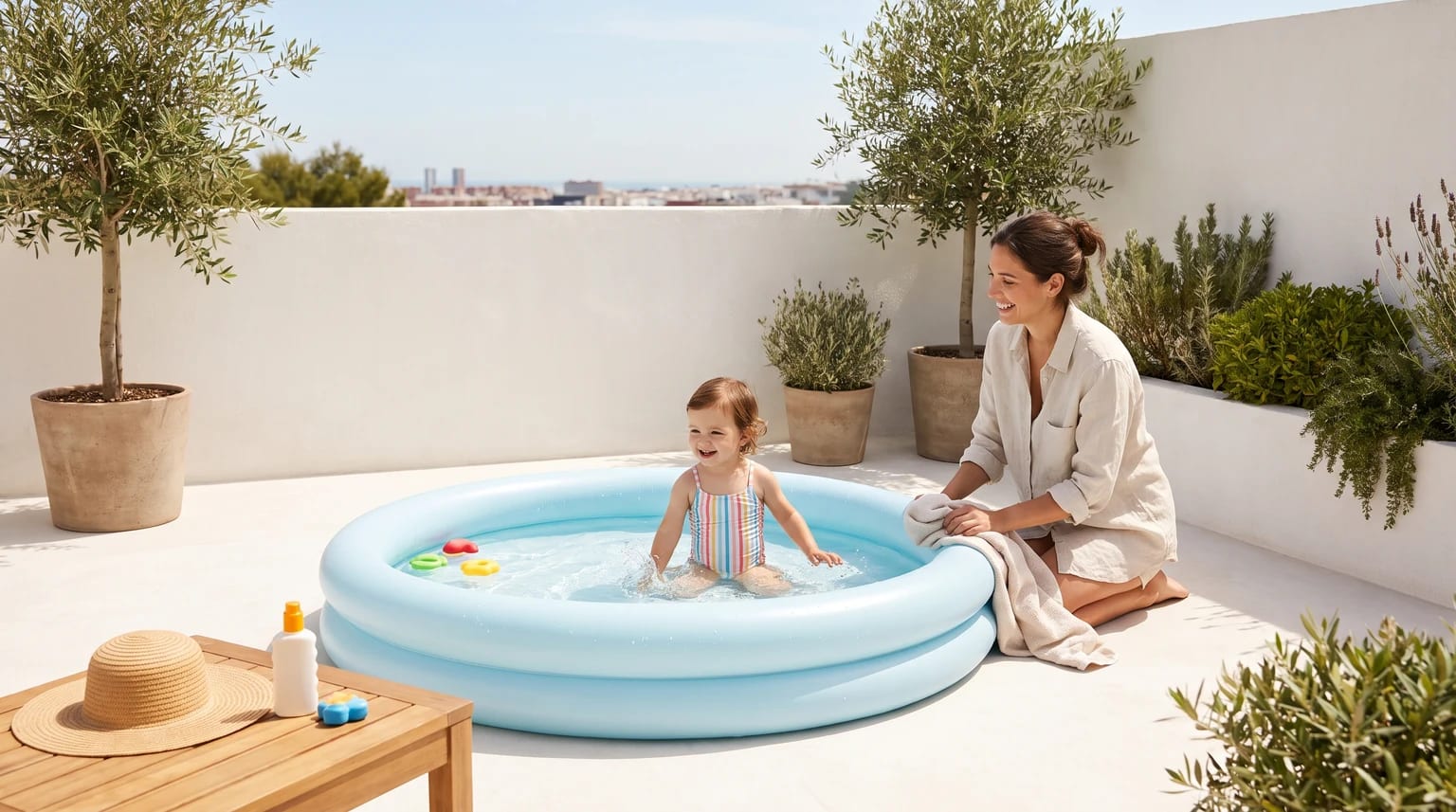 Una niña sonríe dentro de una piscina hinchable azul en una terraza, mientras una mujer arrodillada a su lado la vigila con una toalla.