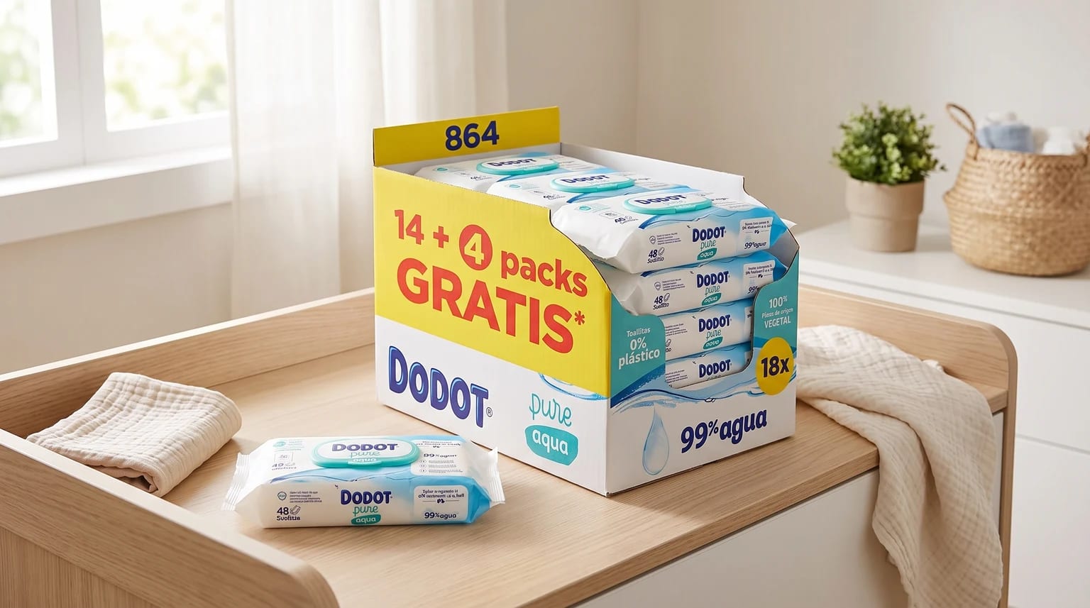 Caja grande de toallitas para bebé Dodot Pure Aqua sobre un cambiador de madera, con un paquete individual al lado.