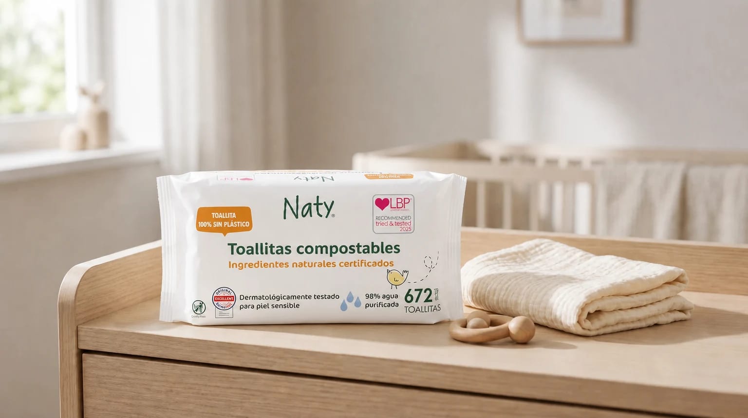 Un paquete de toallitas compostables Naty sobre un cambiador de madera en una habitación infantil luminosa.