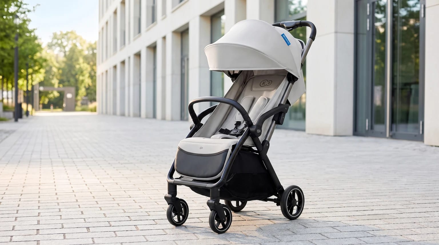 Silla de paseo Kinderkraft APINO gris claro con chasis negro, colocada en una acera de adoquines frente a un edificio moderno.