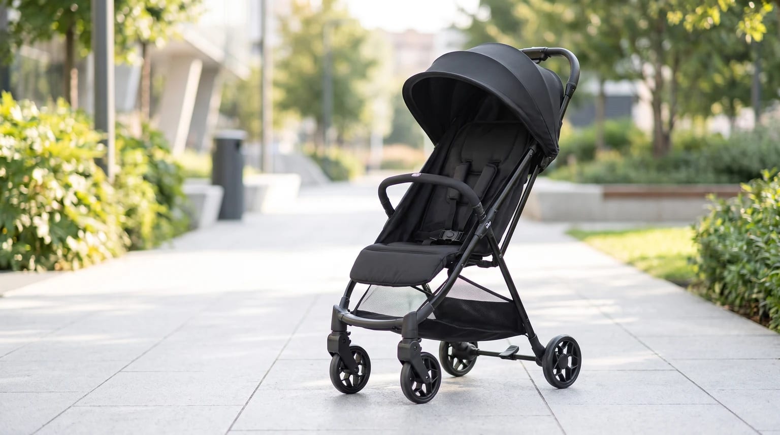 Silla de paseo Chicco Urbino negra sobre la acera de un parque urbano en un día soleado.
