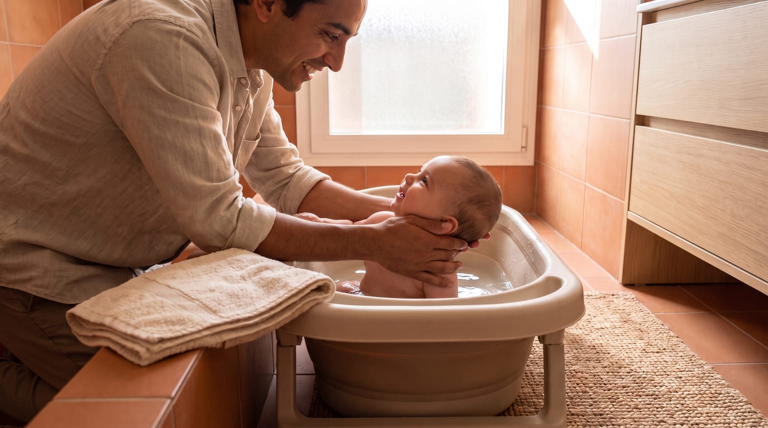 Una persona adulta permanece junto a la bañera y sostiene al bebé durante el baño.