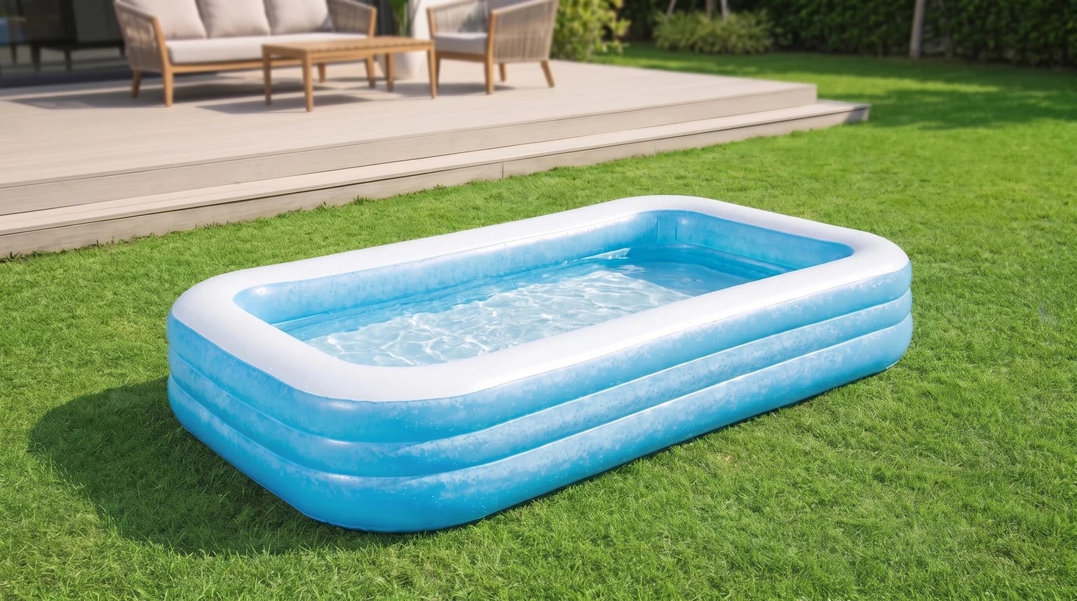 Piscina hinchable rectangular de color azul y blanco sobre el césped de un jardín, con una terraza de madera amueblada al fondo.
