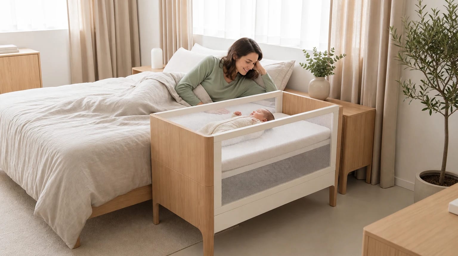Madre tumbada en la cama mirando a su bebé en una cuna colecho junto a la cama en un dormitorio luminoso.