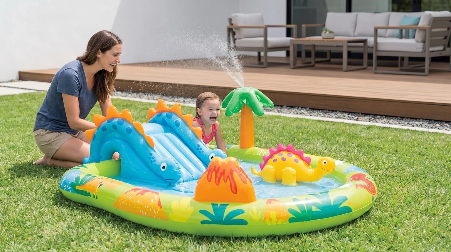 Una madre y su hija pequeña se divierten en un centro de juegos hinchable con temática de dinosaurios instalado en el césped del jardín.