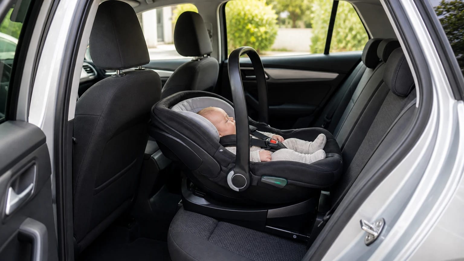 Bebé en una silla de coche para recién nacido instalada a contramarcha en el asiento trasero