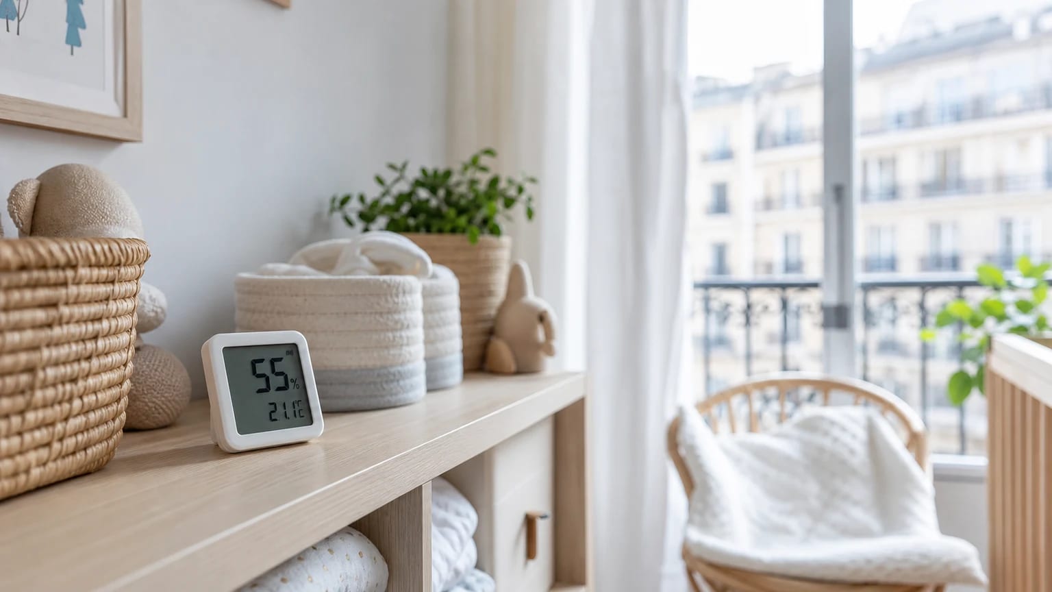 Higrómetro en una habitación del bebé para vigilar la humedad