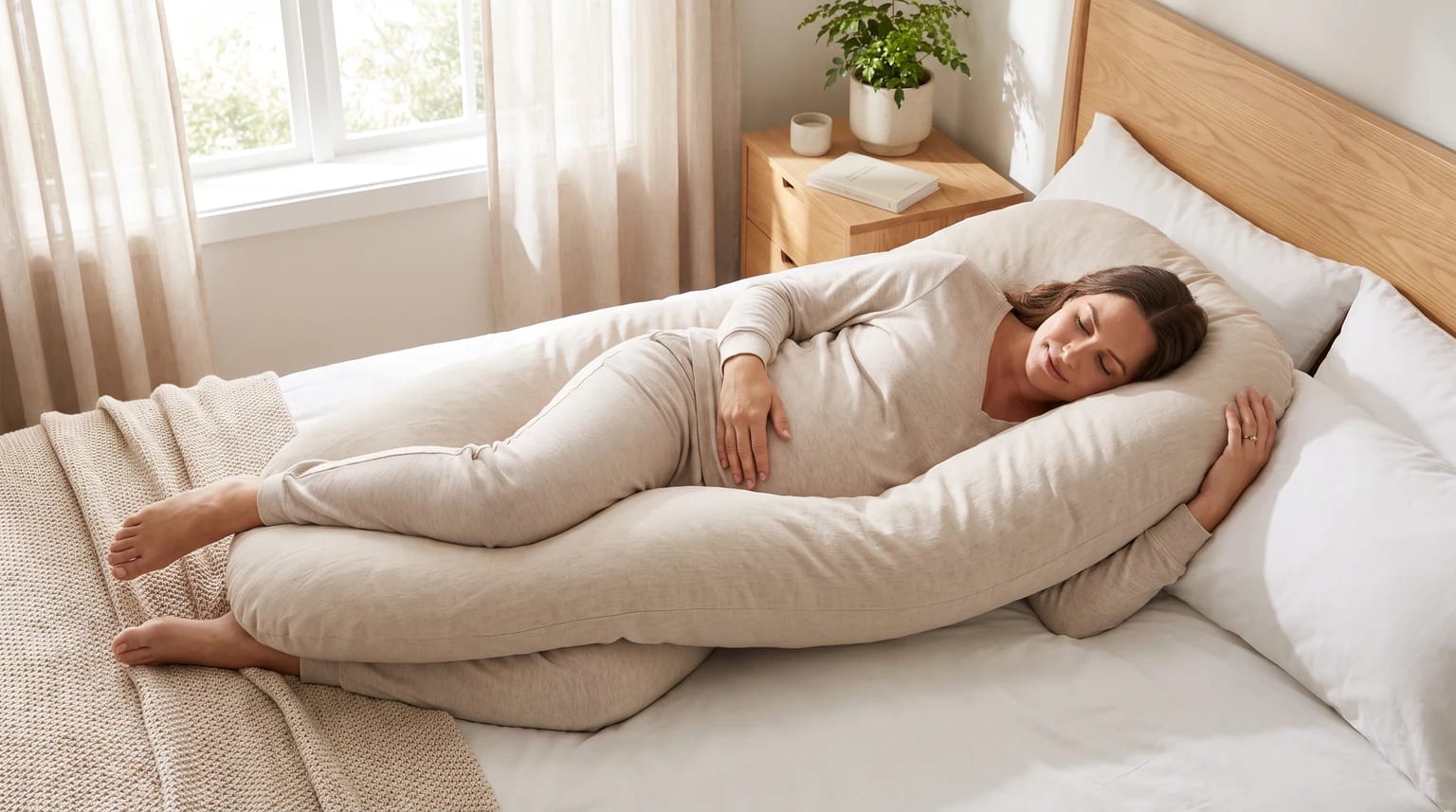 Una mujer embarazada duerme de lado en la cama, cómodamente acurrucada en una gran almohada de cuerpo entero.