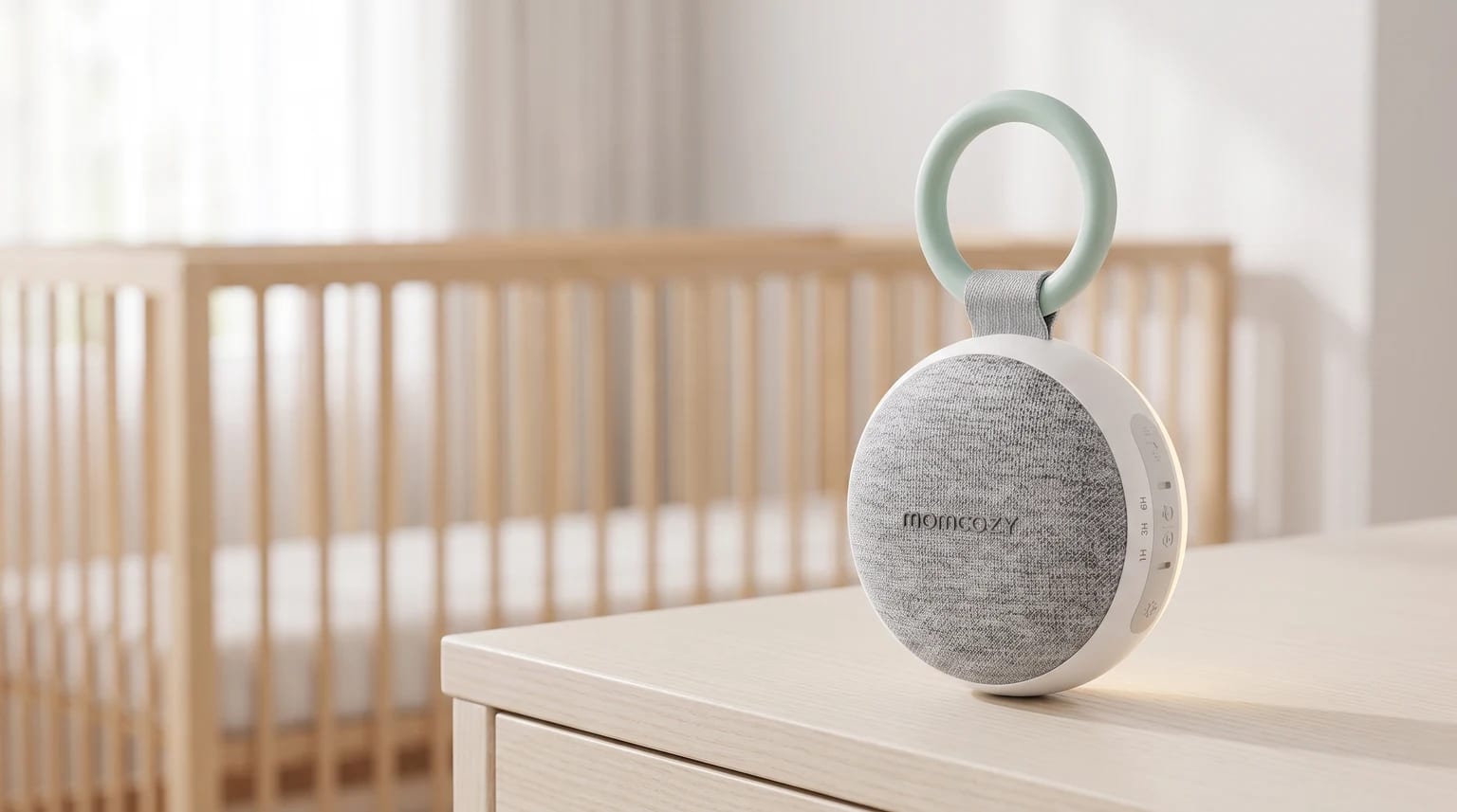 Una máquina de ruido blanco portátil Momcozy sobre una cómoda de madera, con una cuna desenfocada al fondo.