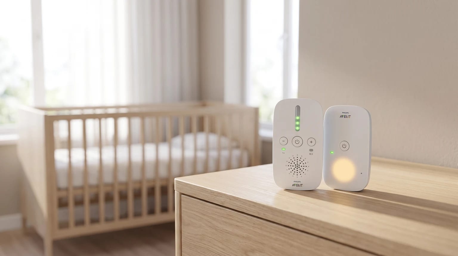 El vigilabebés de audio Philips Avent sobre una cómoda de madera en la habitación del bebé, con la cuna desenfocada al fondo.