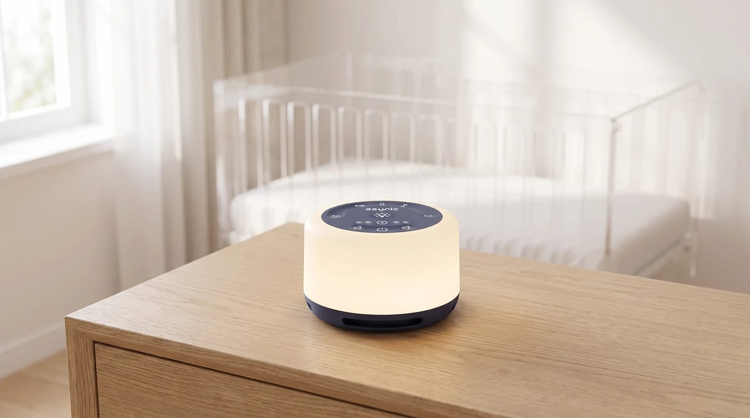 Una máquina de ruido blanco con una suave luz cálida, colocada sobre una cómoda de madera en la habitación de un bebé.