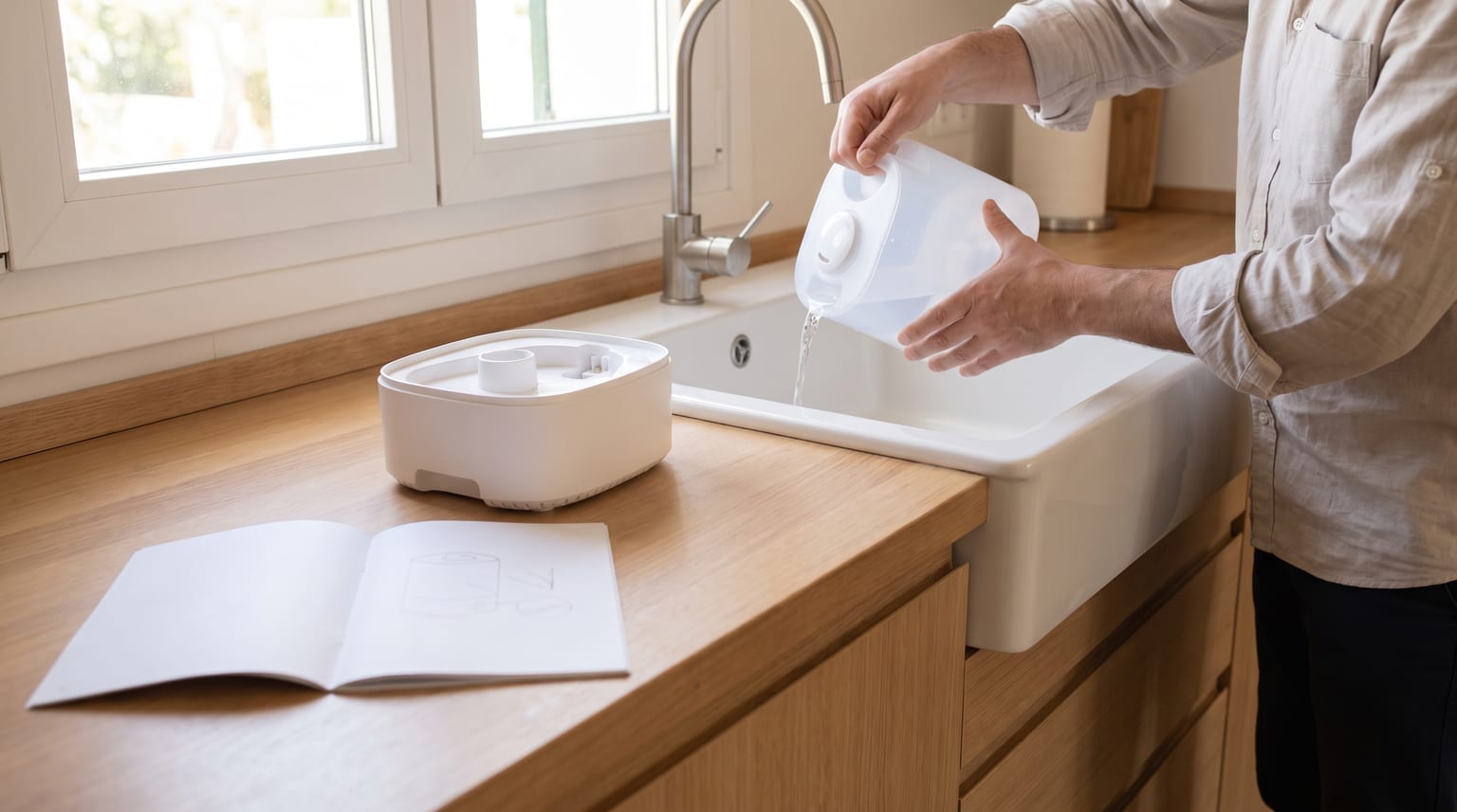 Persona vaciando el depósito de un humidificador portátil en el fregadero con el manual del aparato al lado