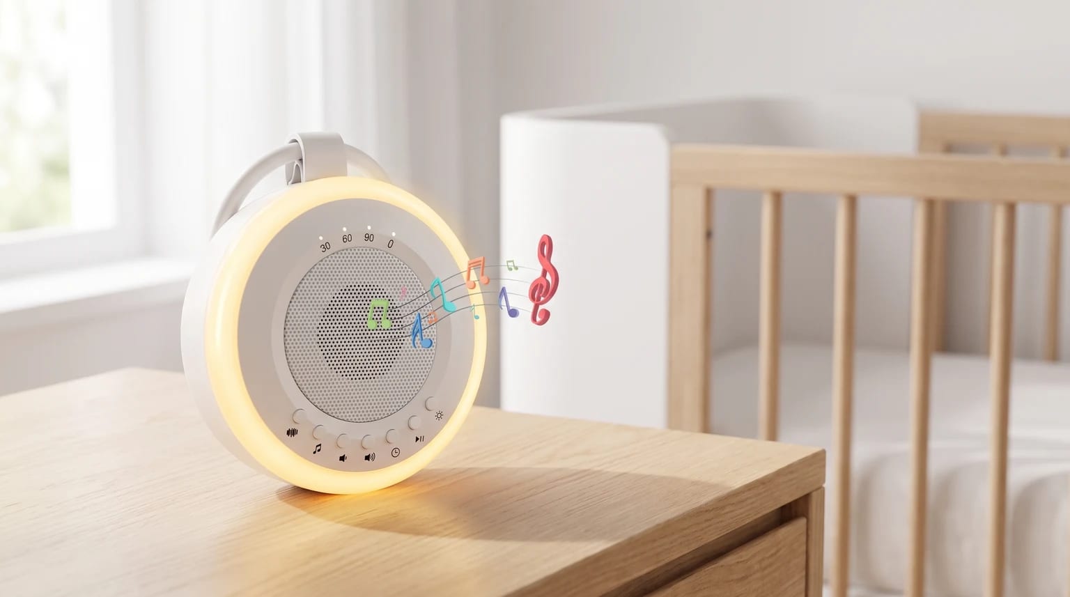 Máquina de ruido blanco para bebés sobre una mesita de noche, con su luz cálida encendida y una ilustración de notas musicales. La cuna está al fondo.