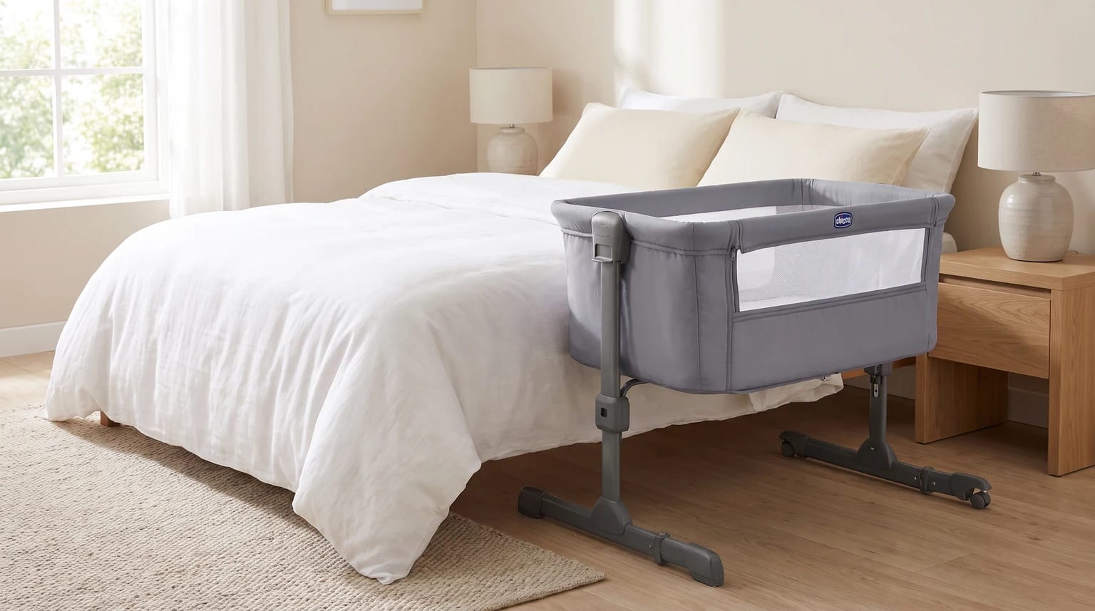 Una minicuna de colecho gris con panel de malla colocada junto a una cama en un dormitorio de estilo neutro.