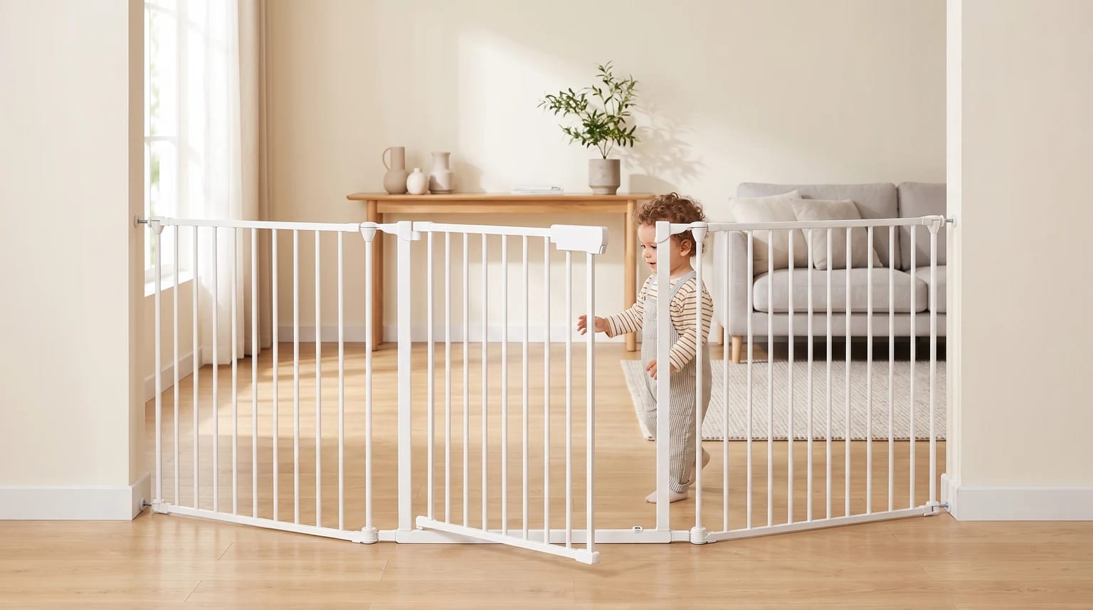 Un niño pequeño juega detrás de una barrera de seguridad modular blanca y ancha en un salón luminoso.