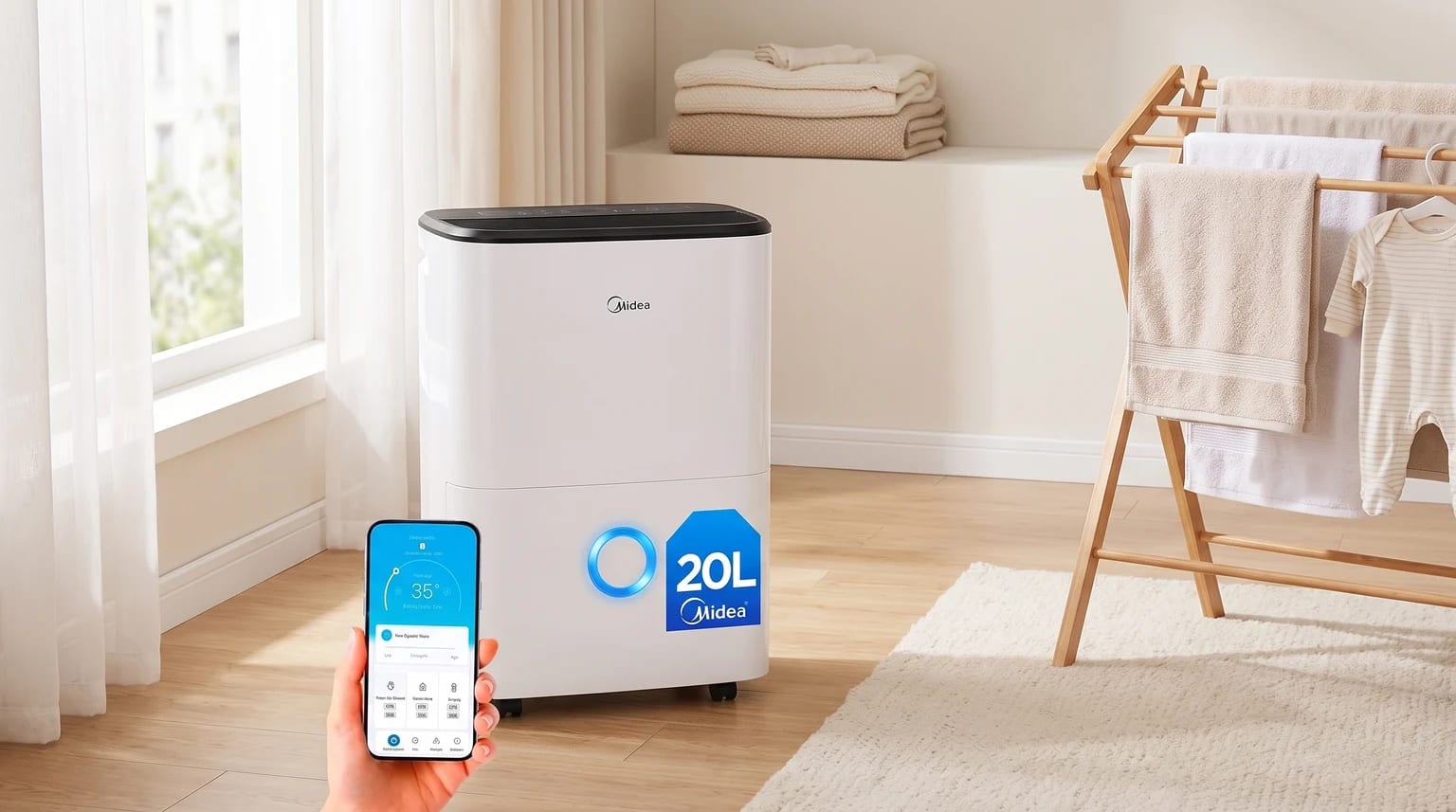 Una mano usa el móvil junto a un deshumidificador Midea de 20L en una estancia luminosa con ropa tendida.