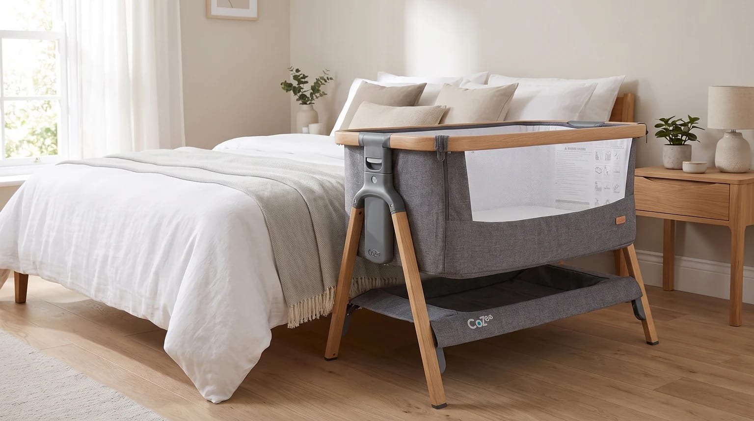Minicuna de colecho gris con patas de madera al lado de la cama en un dormitorio luminoso y de tonos neutros.