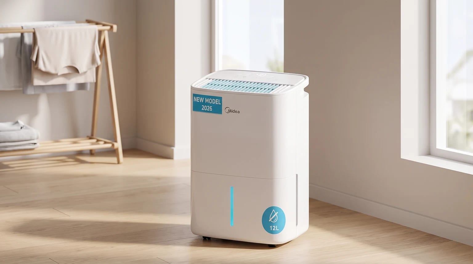 Deshumidificador Midea blanco de 12L sobre un suelo de madera, con un tendedero de ropa secándose al fondo en una habitación luminosa.